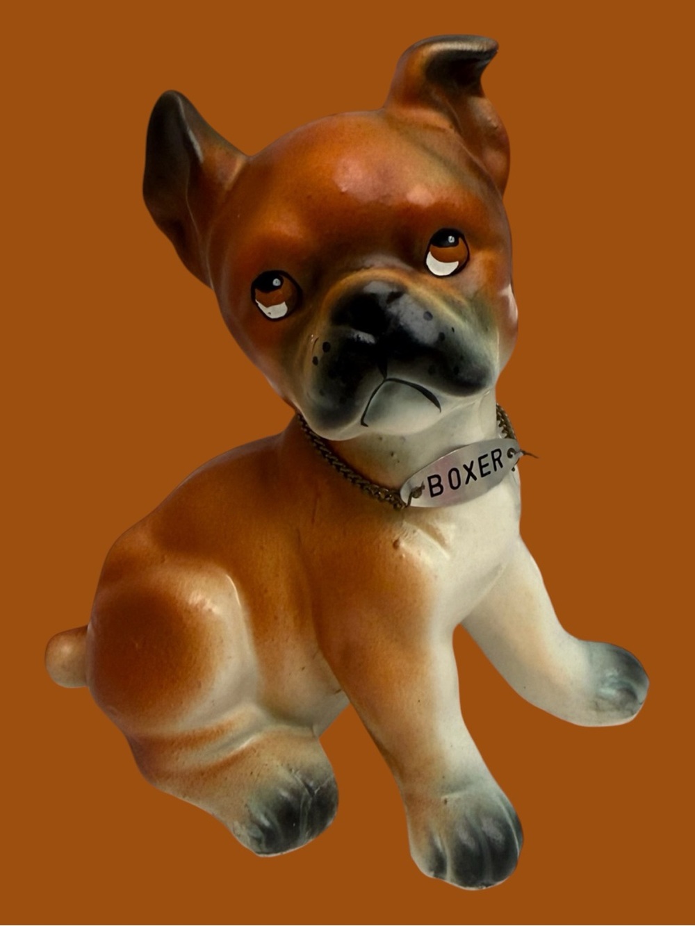 Vintage Boxer Puppy Dog Porcelain Ceramic Figurine Brown White Metal Collar